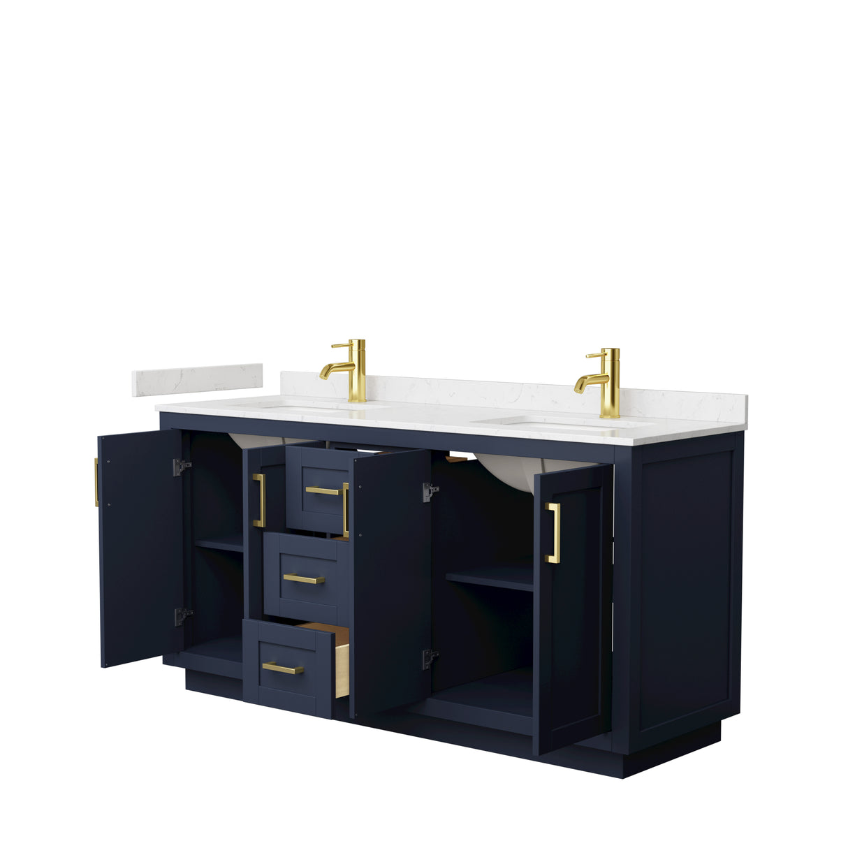 Miranda 66 Inch Double Bathroom Vanity in Dark Blue Carrara Cultured Marble Countertop Undermount Square Sinks Brushed Gold Trim