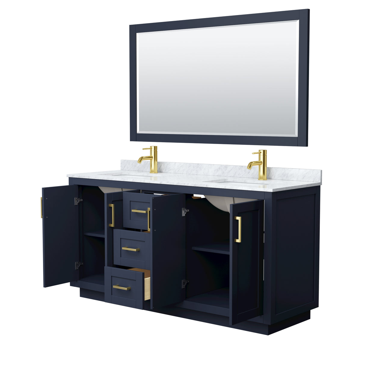 Miranda 66 Inch Double Bathroom Vanity in Dark Blue White Carrara Marble Countertop Undermount Square Sinks Brushed Gold Trim 58 Inch Mirror