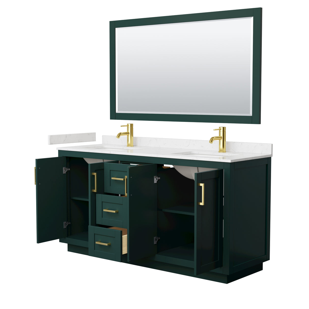 Miranda 66 Inch Double Bathroom Vanity in Green Carrara Cultured Marble Countertop Undermount Square Sinks Brushed Gold Trim 58 Inch Mirror