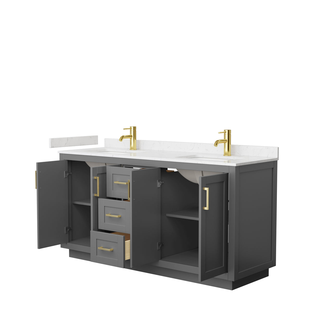 Miranda 66 Inch Double Bathroom Vanity in Dark Gray Carrara Cultured Marble Countertop Undermount Square Sinks Brushed Gold Trim