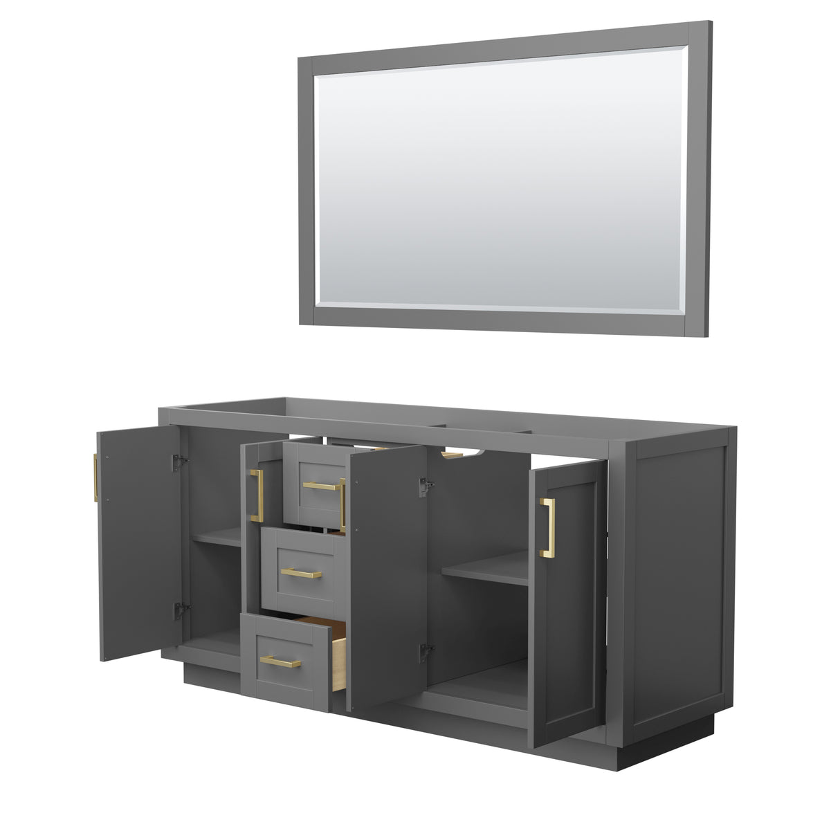 Miranda 66 Inch Double Bathroom Vanity in Dark Gray No Countertop No Sink Brushed Gold Trim 58 Inch Mirror