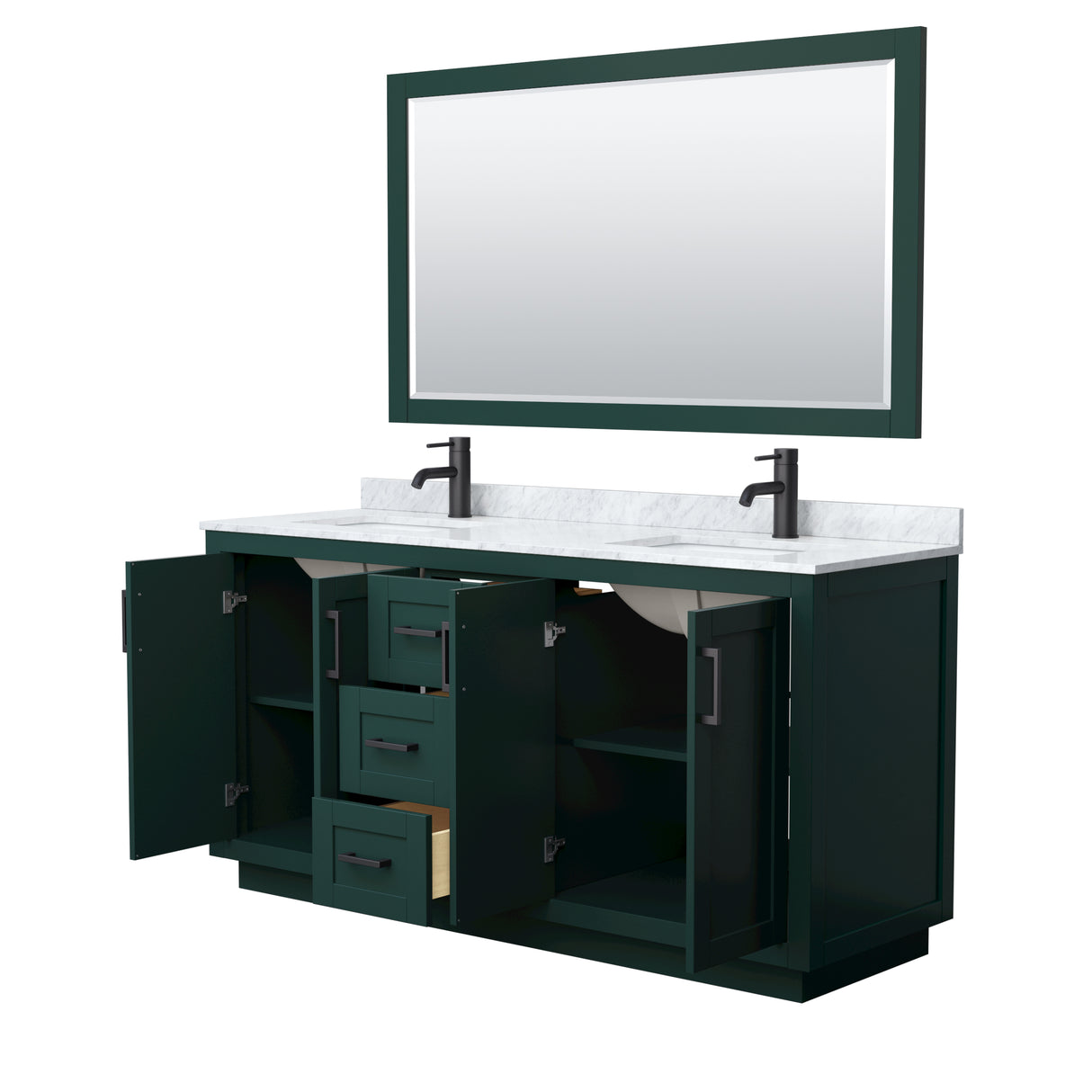 Miranda 66 Inch Double Bathroom Vanity in Green White Carrara Marble Countertop Undermount Square Sinks Matte Black Trim 58 Inch Mirror