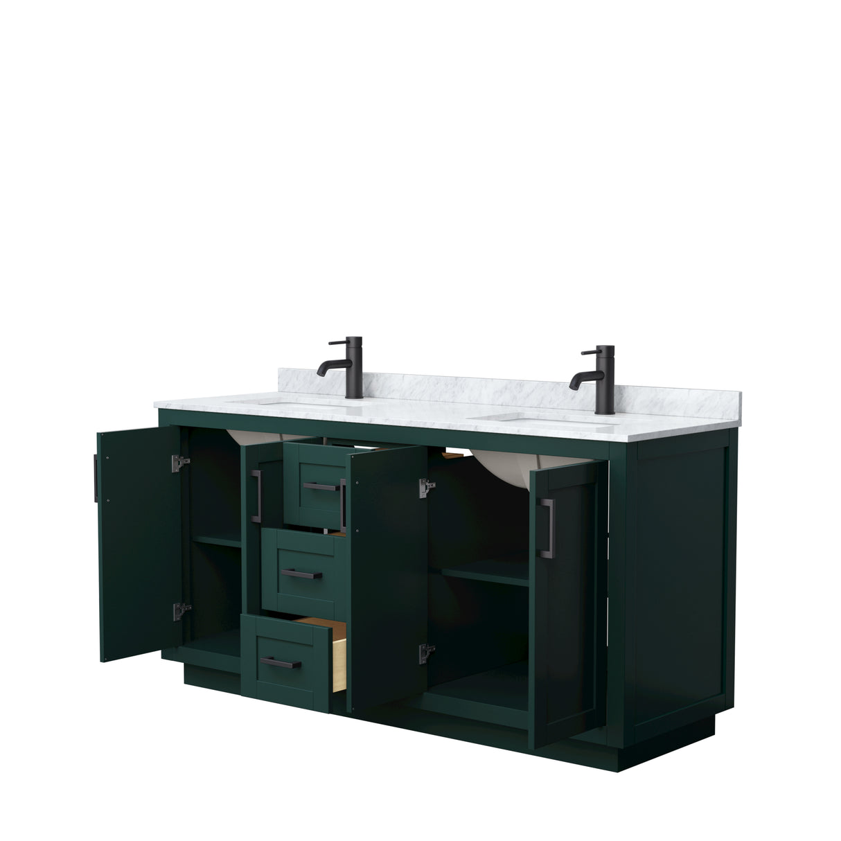 Miranda 66 Inch Double Bathroom Vanity in Green White Carrara Marble Countertop Undermount Square Sinks Matte Black Trim