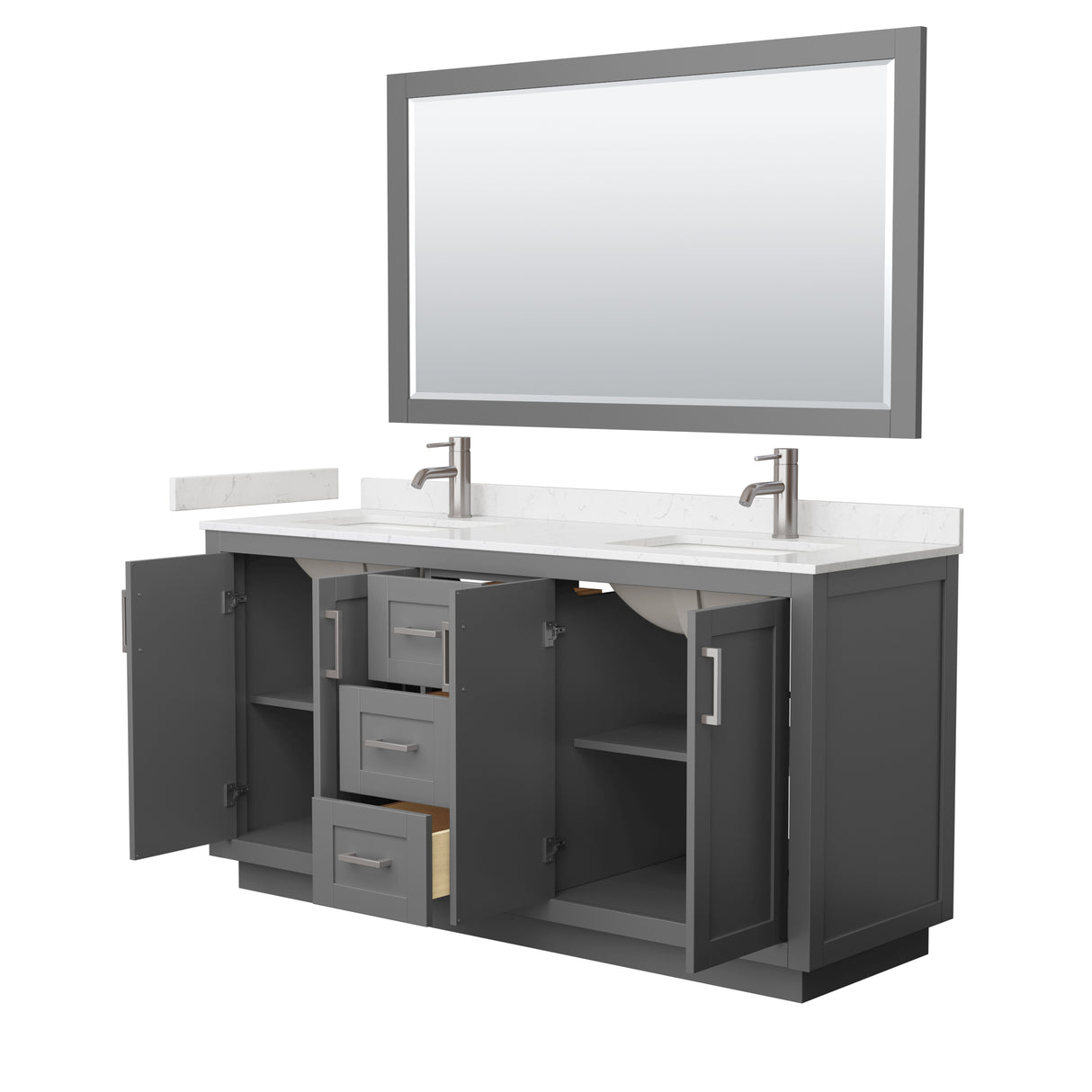 Miranda 66 Inch Double Bathroom Vanity in Dark Gray Carrara Cultured Marble Countertop Undermount Square Sinks Brushed Nickel Trim 58 Inch Mirror