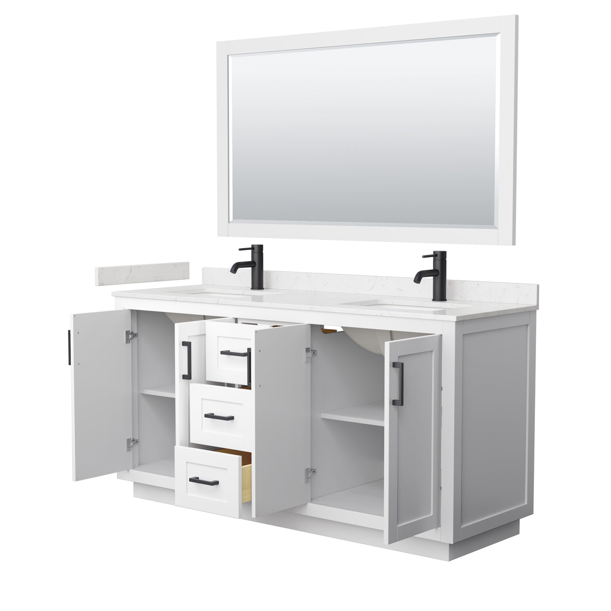 Miranda 66 Inch Double Bathroom Vanity in White Carrara Cultured Marble Countertop Undermount Square Sinks Matte Black Trim 58 Inch Mirror