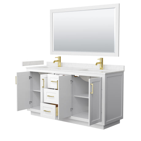 Miranda 66 Inch Double Bathroom Vanity in White Carrara Cultured Marble Countertop Undermount Square Sinks Brushed Gold Trim 58 Inch Mirror