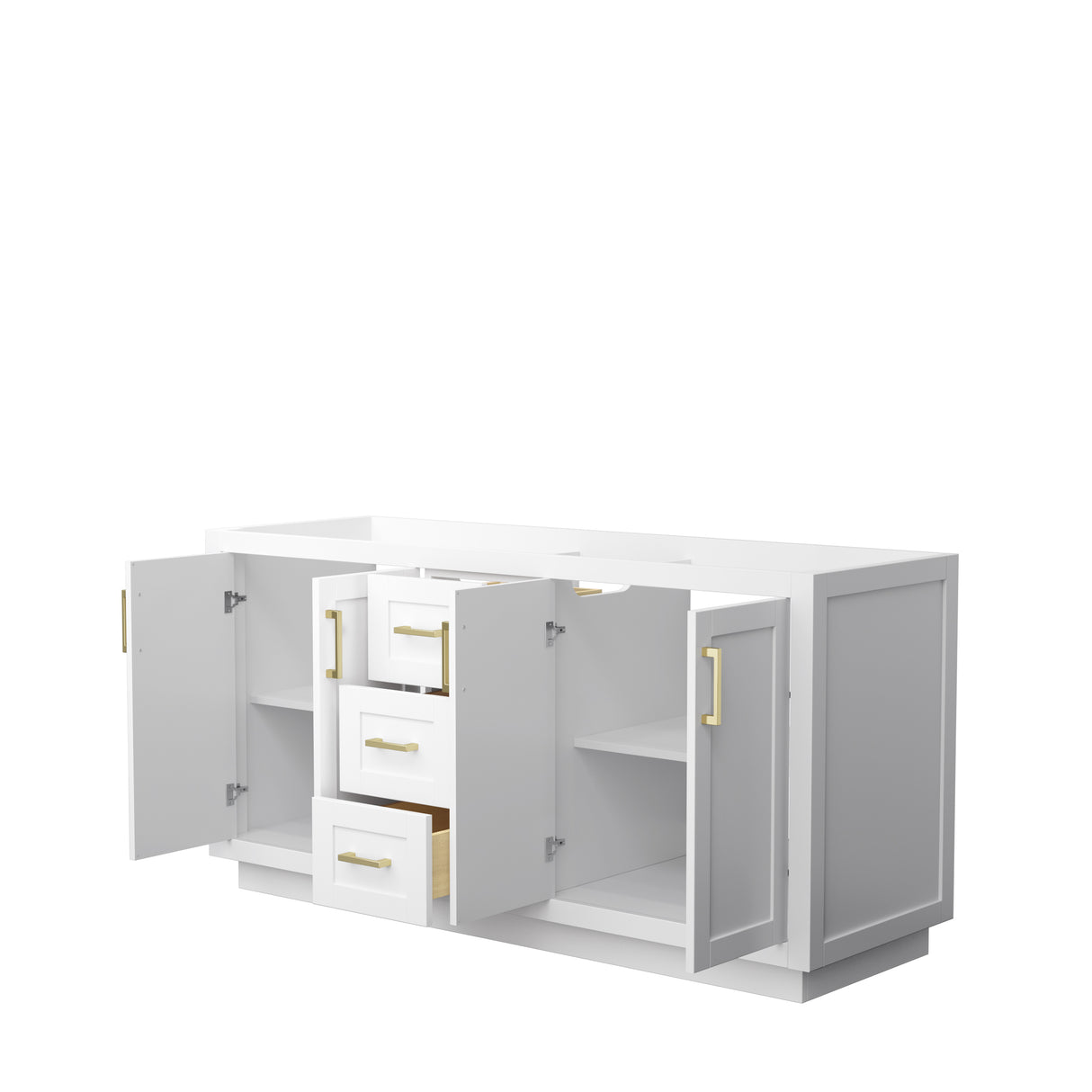 Miranda 66 Inch Double Bathroom Vanity in White No Countertop No Sink Brushed Gold Trim