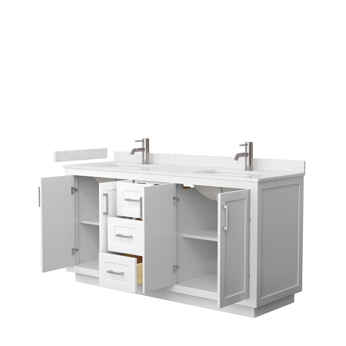 Miranda 66 Inch Double Bathroom Vanity in White Carrara Cultured Marble Countertop Undermount Square Sinks Brushed Nickel Trim