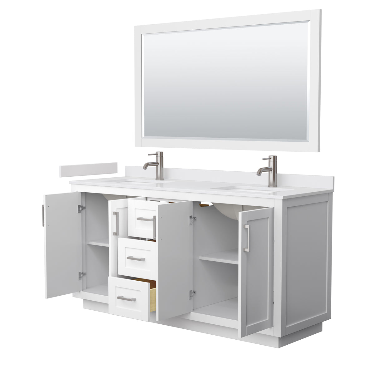 Miranda 66 Inch Double Bathroom Vanity in White White Cultured Marble Countertop Undermount Square Sinks Brushed Nickel Trim 58 Inch Mirror
