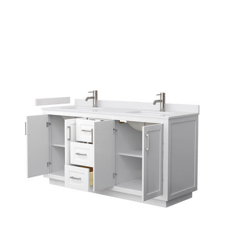 Miranda 66 Inch Double Bathroom Vanity in White White Cultured Marble Countertop Undermount Square Sinks Brushed Nickel Trim
