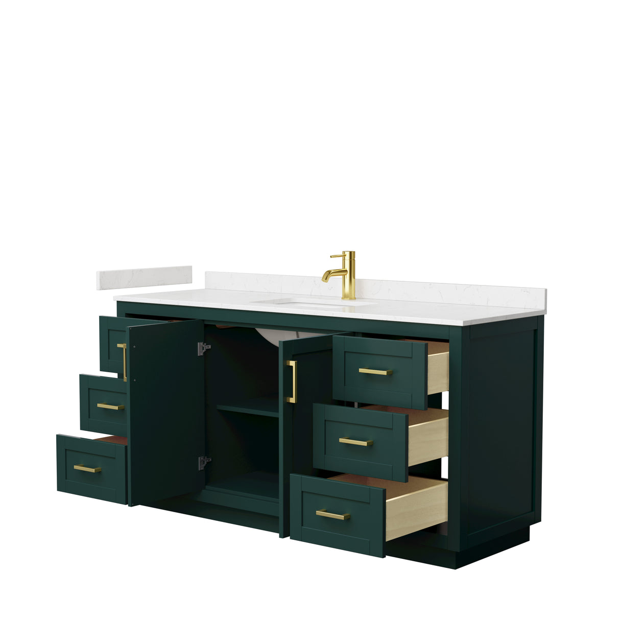 Miranda 66 Inch Single Bathroom Vanity in Green Carrara Cultured Marble Countertop Undermount Square Sink Brushed Gold Trim