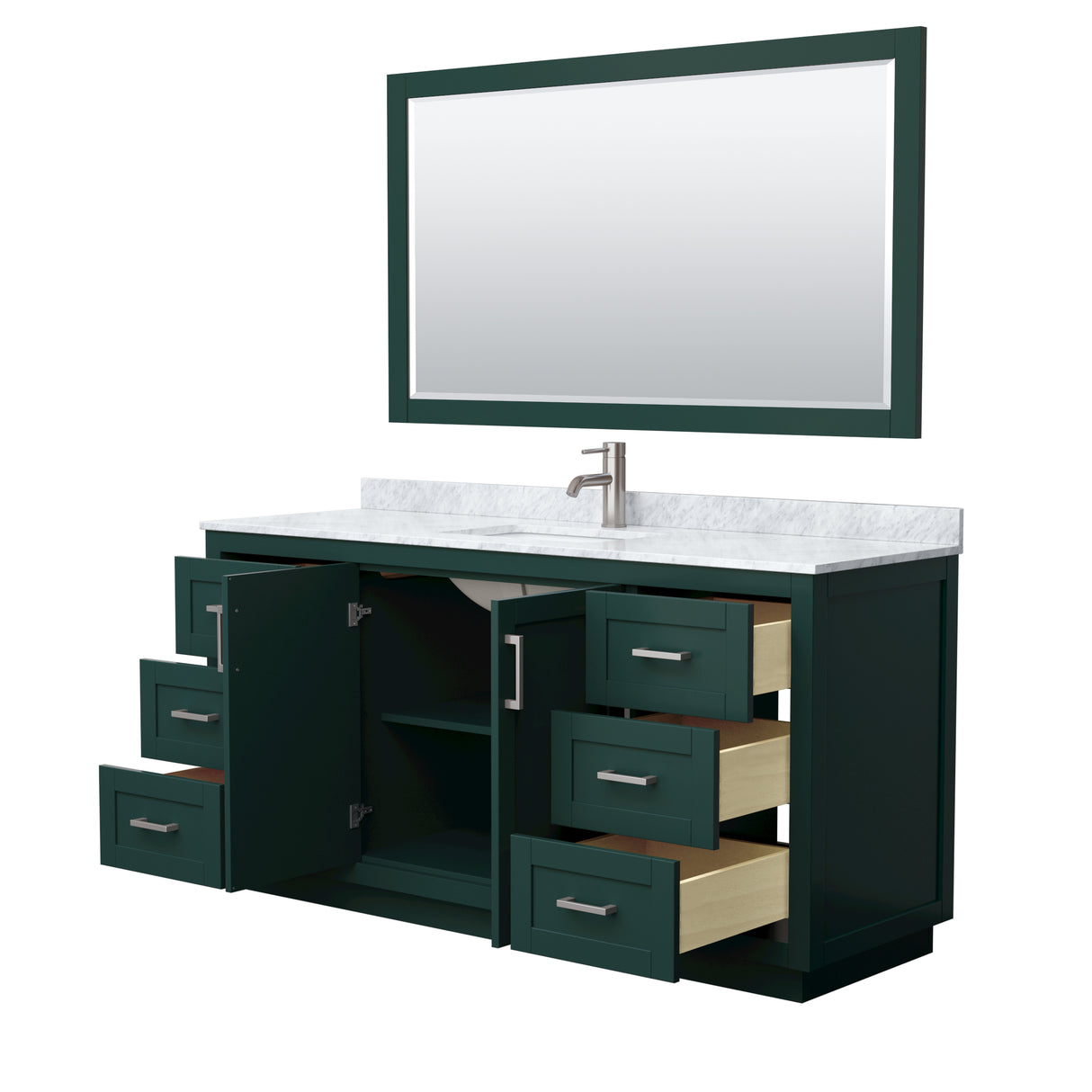 Miranda 66 Inch Single Bathroom Vanity in Green White Carrara Marble Countertop Undermount Square Sink Brushed Nickel Trim 58 Inch Mirror
