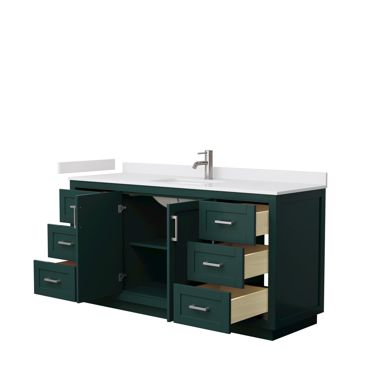 Miranda 66 Inch Single Bathroom Vanity in Green White Cultured Marble Countertop Undermount Square Sink Brushed Nickel Trim