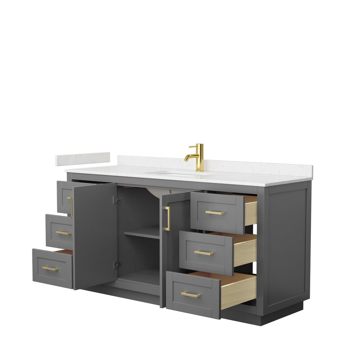 Miranda 66 Inch Single Bathroom Vanity in Dark Gray Carrara Cultured Marble Countertop Undermount Square Sink Brushed Gold Trim