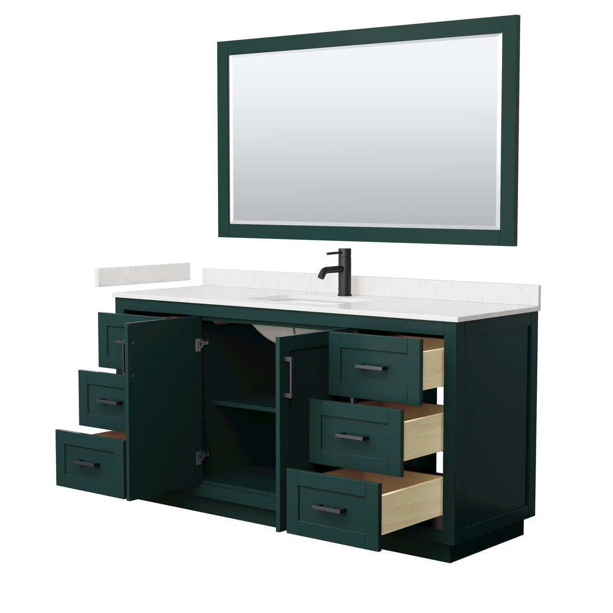 Miranda 66 Inch Single Bathroom Vanity in Green Carrara Cultured Marble Countertop Undermount Square Sink Matte Black Trim 58 Inch Mirror