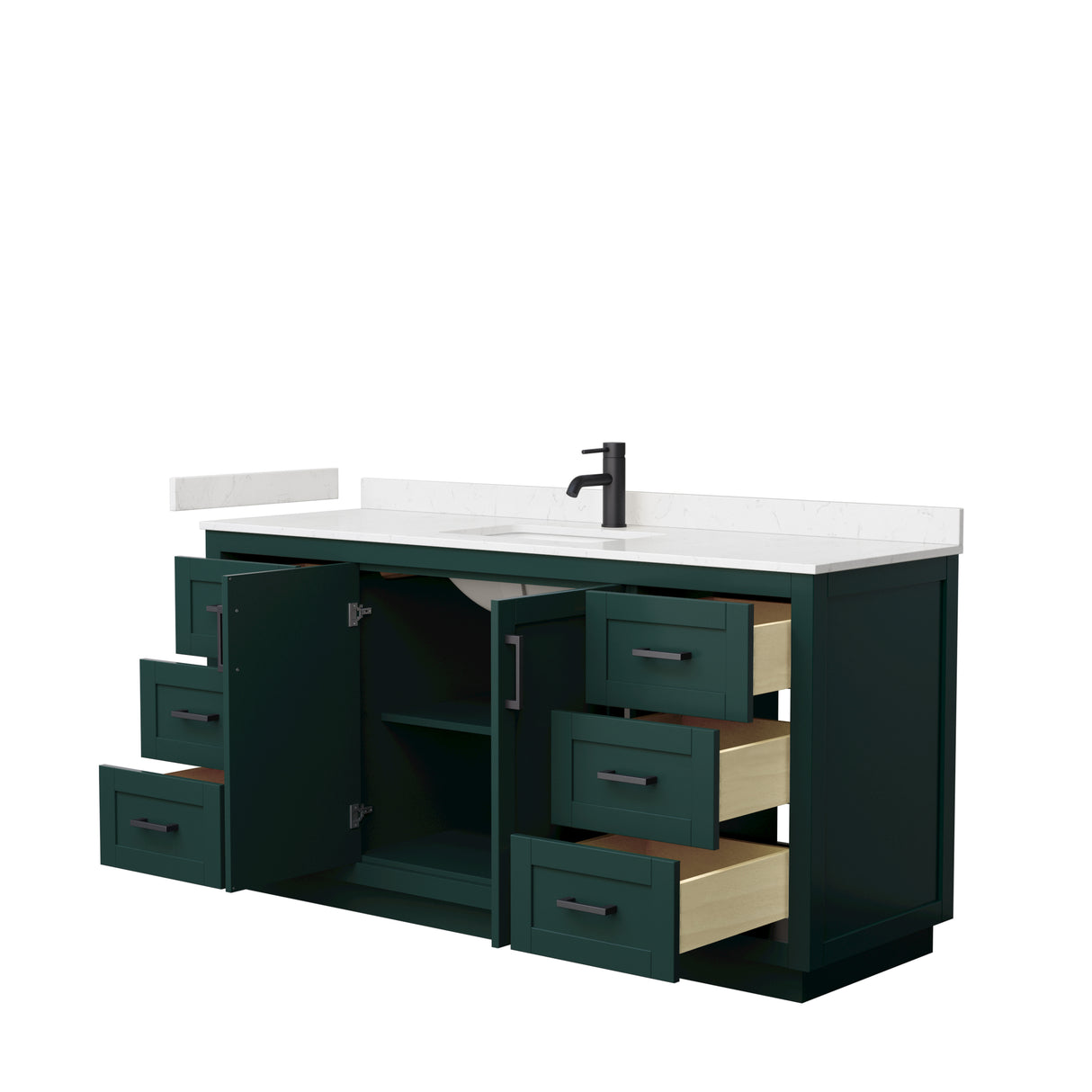 Miranda 66 Inch Single Bathroom Vanity in Green Carrara Cultured Marble Countertop Undermount Square Sink Matte Black Trim