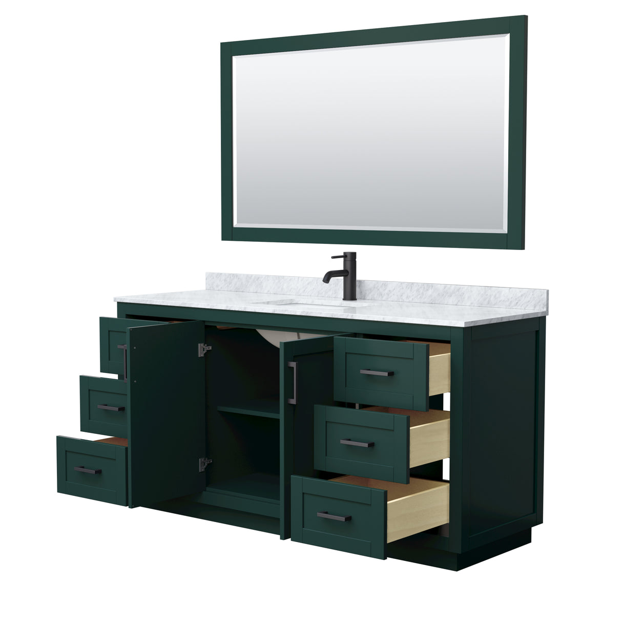 Miranda 66 Inch Single Bathroom Vanity in Green White Carrara Marble Countertop Undermount Square Sink Matte Black Trim 58 Inch Mirror