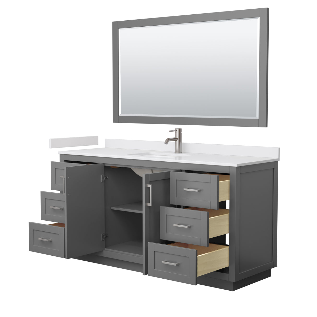 Miranda 66 Inch Single Bathroom Vanity in Dark Gray White Cultured Marble Countertop Undermount Square Sink Brushed Nickel Trim 58 Inch Mirror