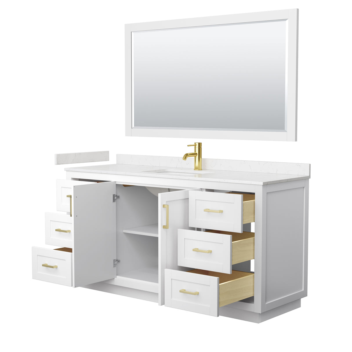 Miranda 66 Inch Single Bathroom Vanity in White Carrara Cultured Marble Countertop Undermount Square Sink Brushed Gold Trim 58 Inch Mirror