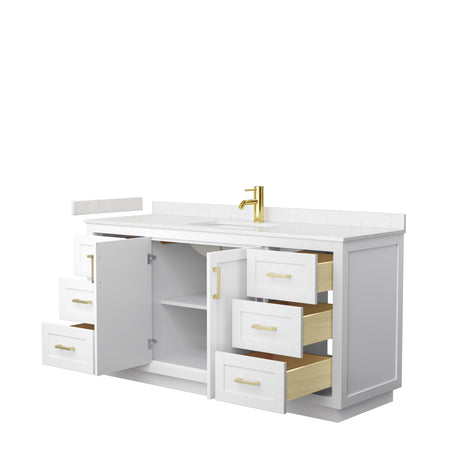 Miranda 66 Inch Single Bathroom Vanity in White Carrara Cultured Marble Countertop Undermount Square Sink Brushed Gold Trim