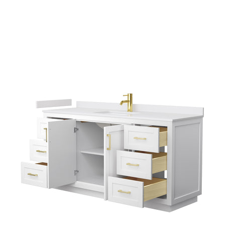 Miranda 66 Inch Single Bathroom Vanity in White White Cultured Marble Countertop Undermount Square Sink Brushed Gold Trim