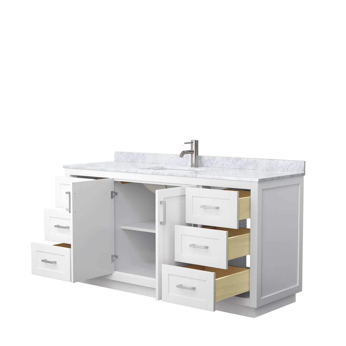 Miranda 66 Inch Single Bathroom Vanity in White White Carrara Marble Countertop Undermount Square Sink Brushed Nickel Trim