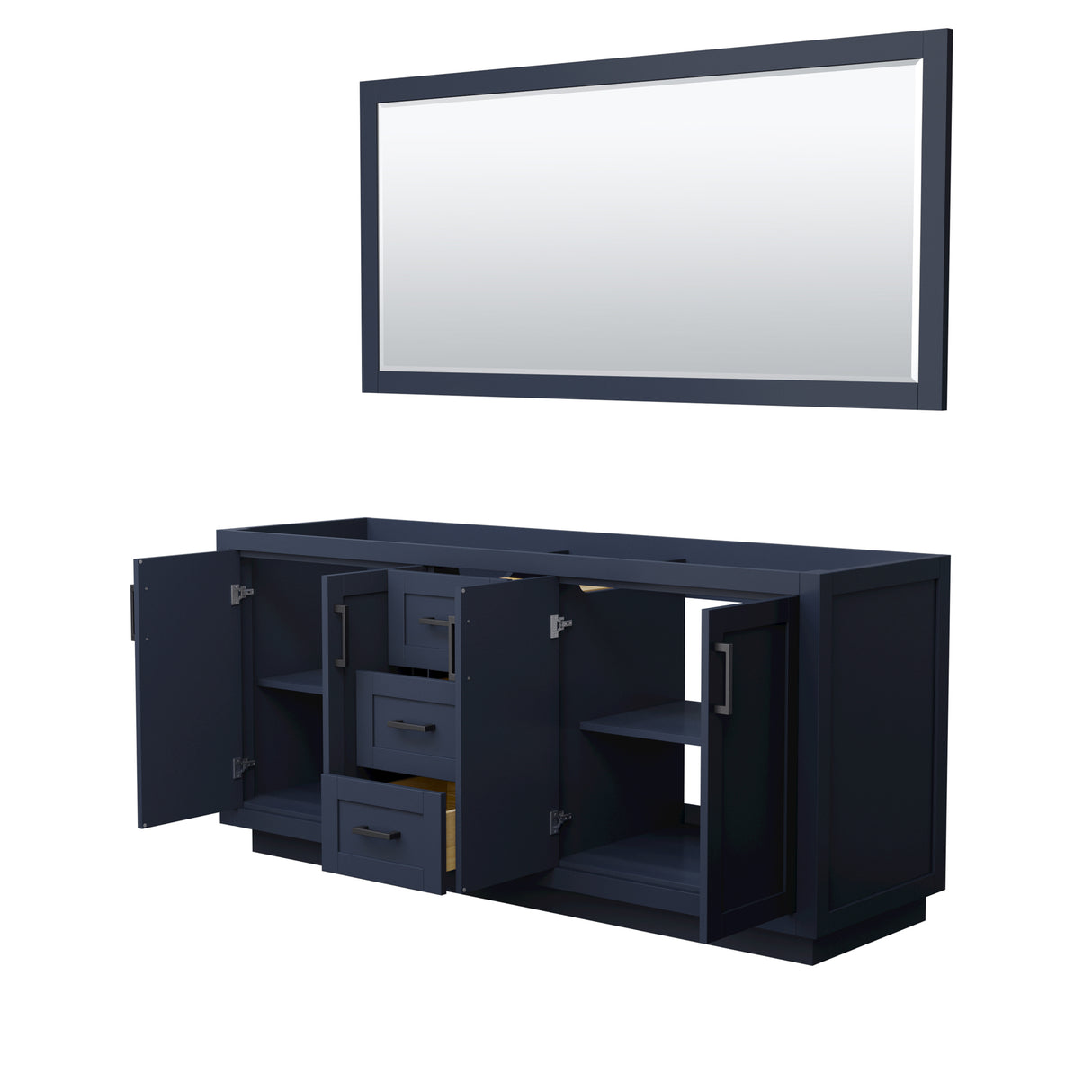 Miranda 72 Inch Double Bathroom Vanity in Dark Blue No Countertop No Sink Matte Black Trim 70 Inch Mirror
