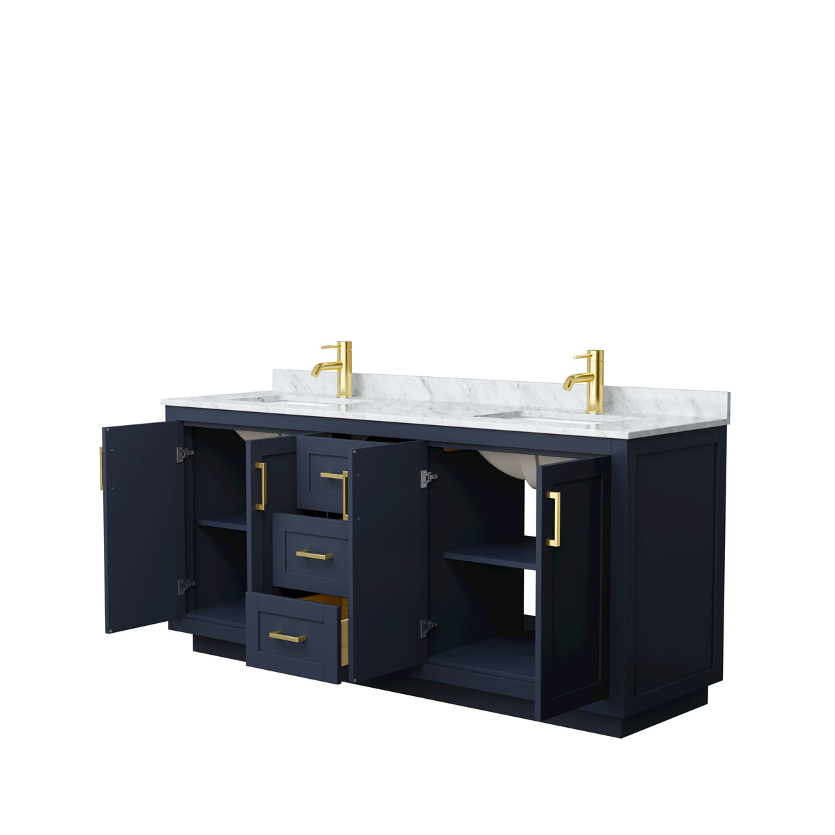 Miranda 72 Inch Double Bathroom Vanity in Dark Blue White Carrara Marble Countertop Undermount Square Sinks Brushed Gold Trim