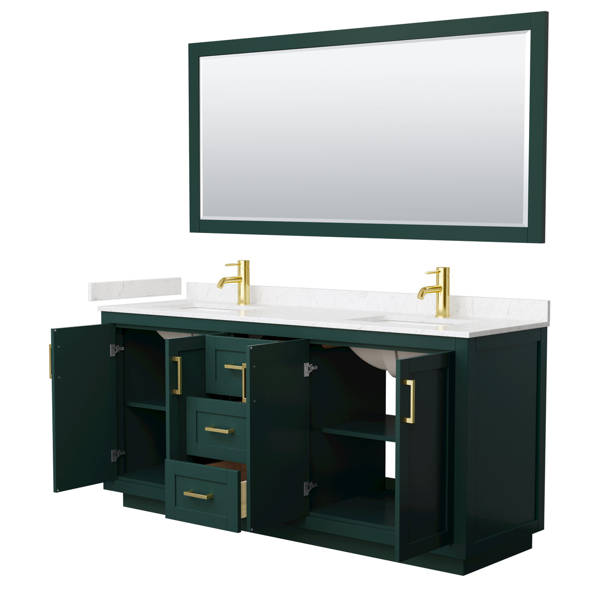 Miranda 72 Inch Double Bathroom Vanity in Green Carrara Cultured Marble Countertop Undermount Square Sinks Brushed Gold Trim 70 Inch Mirror
