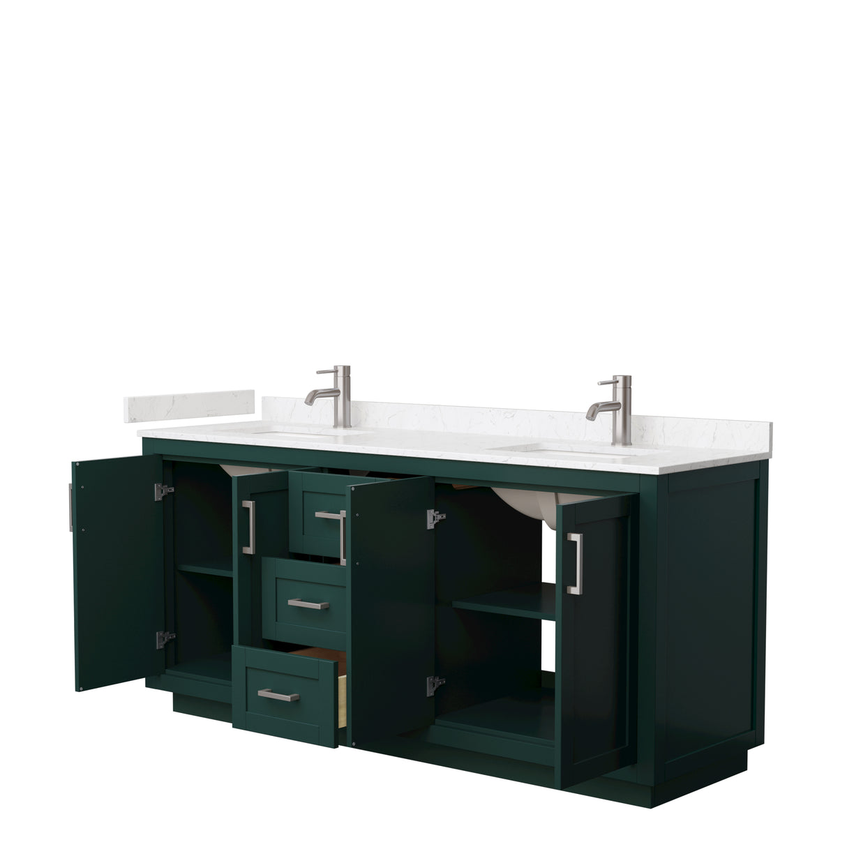 Miranda 72 Inch Double Bathroom Vanity in Green Carrara Cultured Marble Countertop Undermount Square Sinks Brushed Nickel Trim