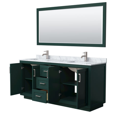 Miranda 72 Inch Double Bathroom Vanity in Green White Carrara Marble Countertop Undermount Square Sinks Brushed Nickel Trim 70 Inch Mirror