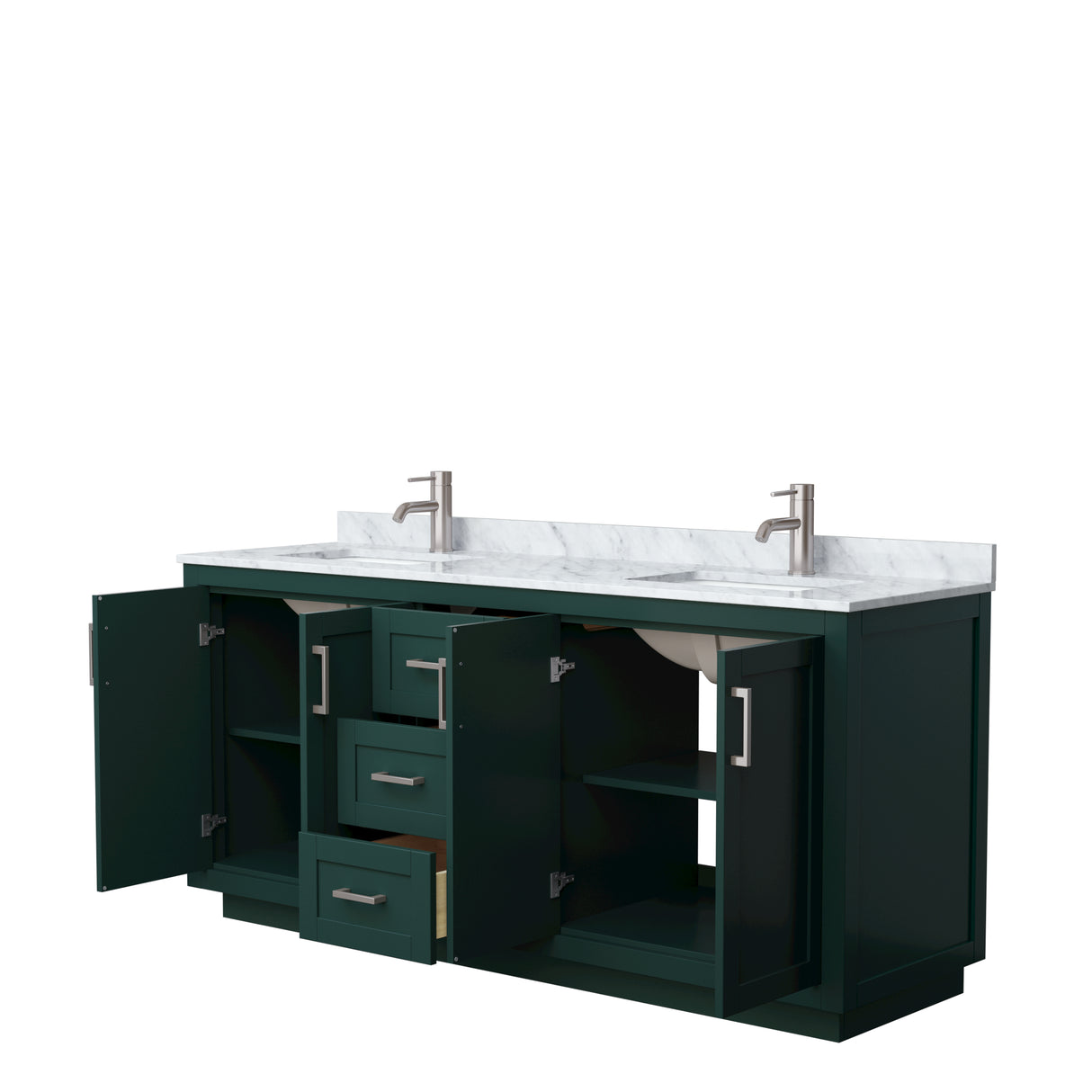Miranda 72 Inch Double Bathroom Vanity in Green White Carrara Marble Countertop Undermount Square Sinks Brushed Nickel Trim