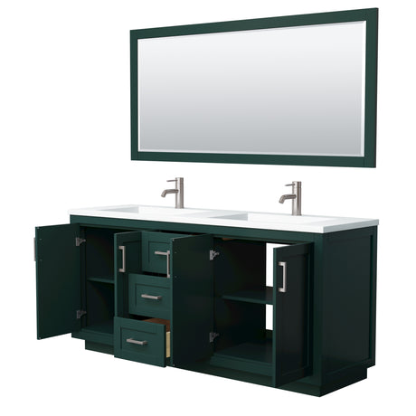 Miranda 72 Inch Double Bathroom Vanity in Green 1.25 Inch Thick Matte White Solid Surface Countertop Integrated Sinks Brushed Nickel Trim 70 Inch Mirror