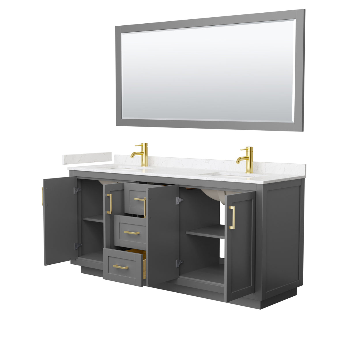 Miranda 72 Inch Double Bathroom Vanity in Dark Gray Carrara Cultured Marble Countertop Undermount Square Sinks Brushed Gold Trim 70 Inch Mirror