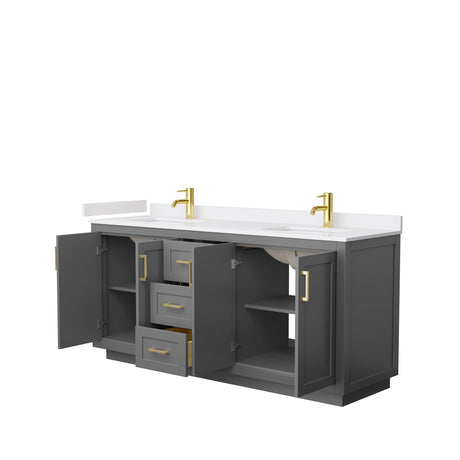 Miranda 72 Inch Double Bathroom Vanity in Dark Gray White Cultured Marble Countertop Undermount Square Sinks Brushed Gold Trim