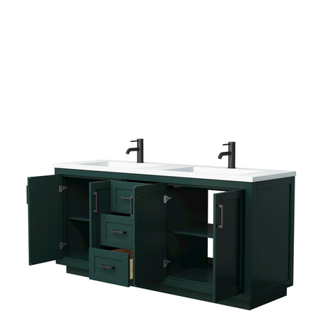 Miranda 72 Inch Double Bathroom Vanity in Green 1.25 Inch Thick Matte White Solid Surface Countertop Integrated Sinks Matte Black Trim
