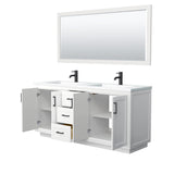 Miranda 72 Inch Double Bathroom Vanity in White 1.25 Inch Thick Matte White Solid Surface Countertop Integrated Sinks Matte Black Trim 70 Inch Mirror