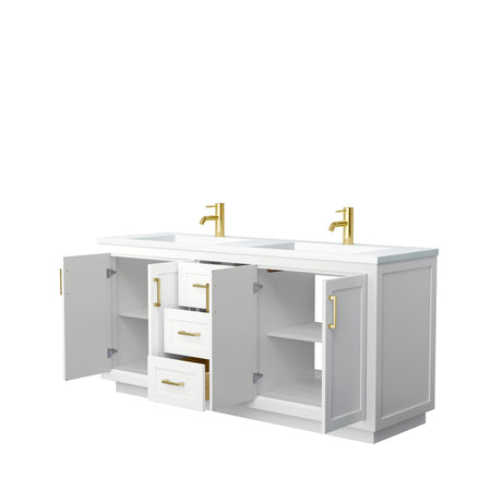 Miranda 72 Inch Double Bathroom Vanity in White 1.25 Inch Thick Matte White Solid Surface Countertop Integrated Sinks Brushed Gold Trim