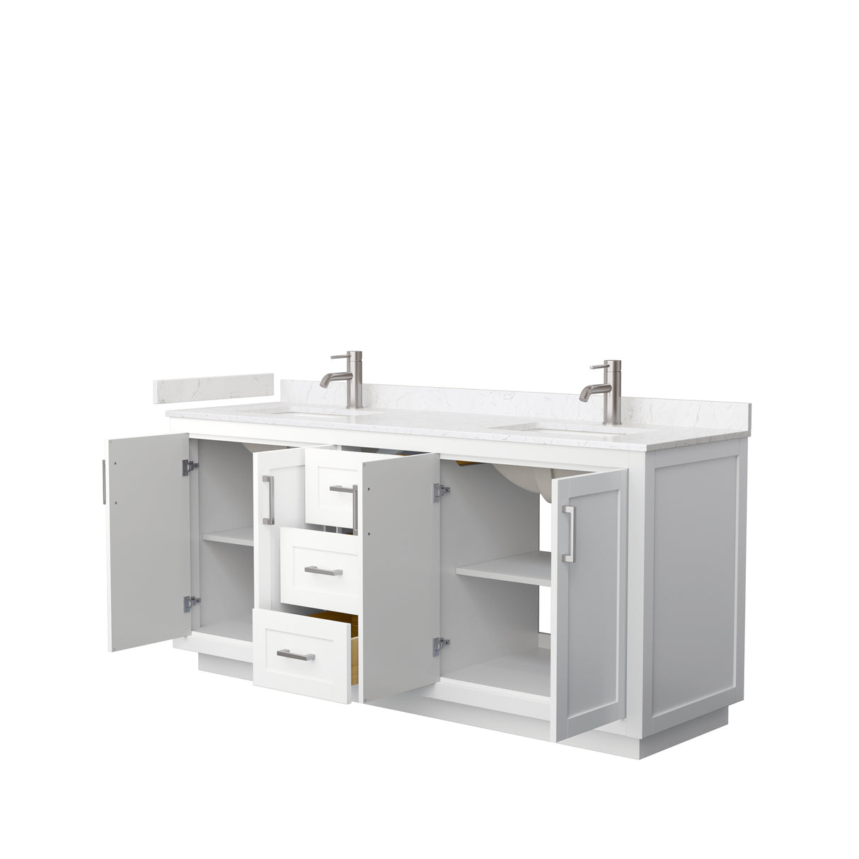 Miranda 72 Inch Double Bathroom Vanity in White Carrara Cultured Marble Countertop Undermount Square Sinks Brushed Nickel Trim