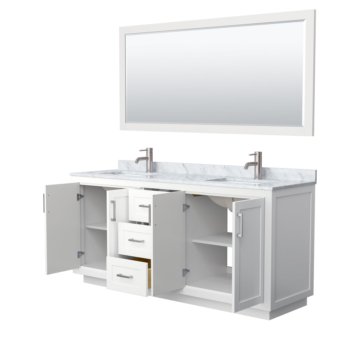 Miranda 72 Inch Double Bathroom Vanity in White White Carrara Marble Countertop Undermount Square Sinks Brushed Nickel Trim 70 Inch Mirror