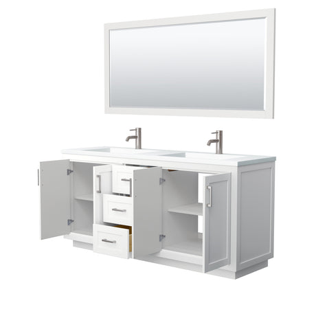 Miranda 72 Inch Double Bathroom Vanity in White 1.25 Inch Thick Matte White Solid Surface Countertop Integrated Sinks Brushed Nickel Trim 70 Inch Mirror