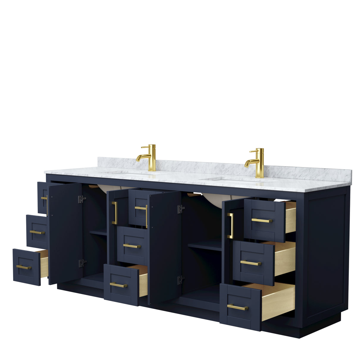 Miranda 84 Inch Double Bathroom Vanity in Dark Blue White Carrara Marble Countertop Undermount Square Sinks Brushed Gold Trim