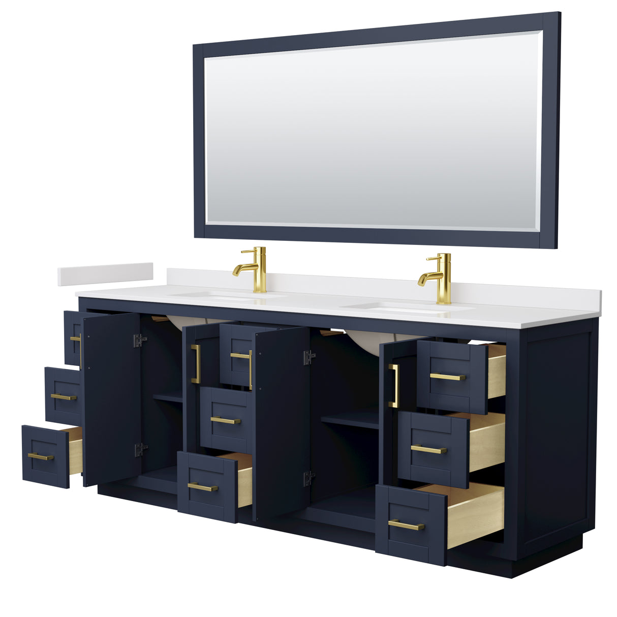 Miranda 84 Inch Double Bathroom Vanity in Dark Blue White Cultured Marble Countertop Undermount Square Sinks Brushed Gold Trim 70 Inch Mirror