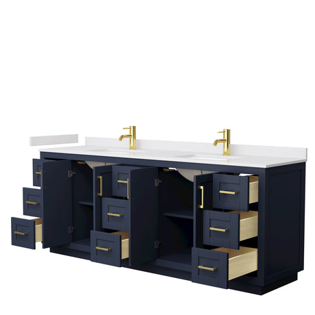 Miranda 84 Inch Double Bathroom Vanity in Dark Blue White Cultured Marble Countertop Undermount Square Sinks Brushed Gold Trim