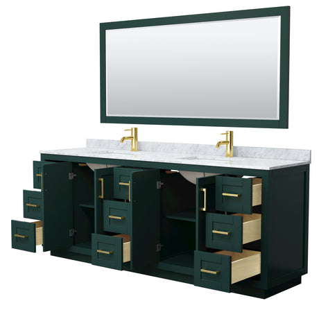 Miranda 84 Inch Double Bathroom Vanity in Green White Carrara Marble Countertop Undermount Square Sinks Brushed Gold Trim 70 Inch Mirror