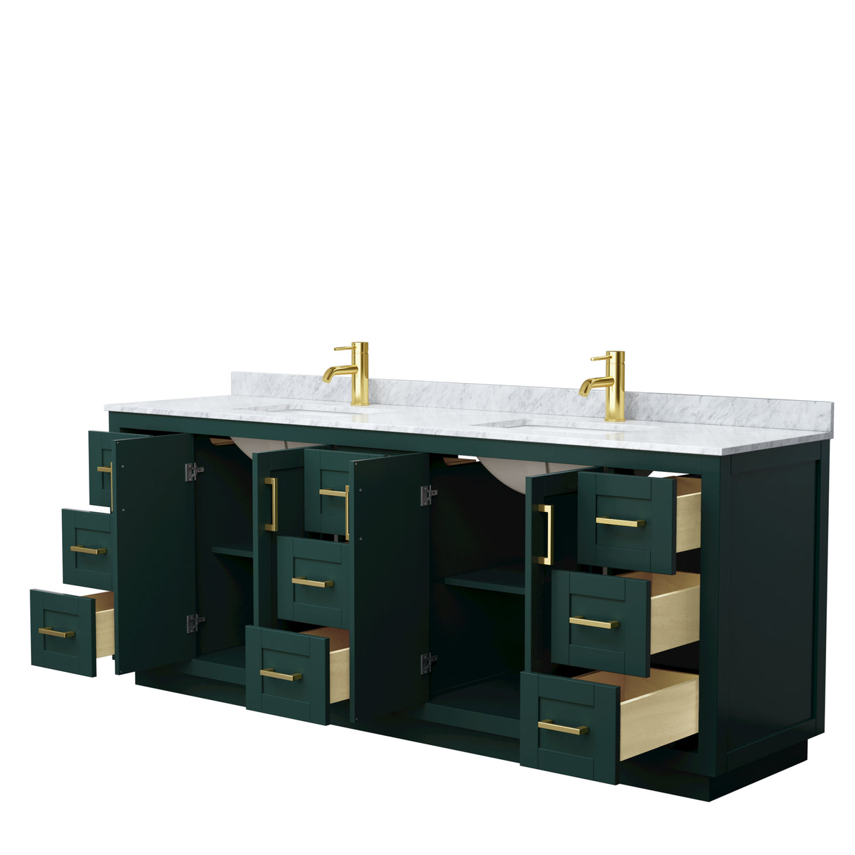 Miranda 84 Inch Double Bathroom Vanity in Green White Carrara Marble Countertop Undermount Square Sinks Brushed Gold Trim