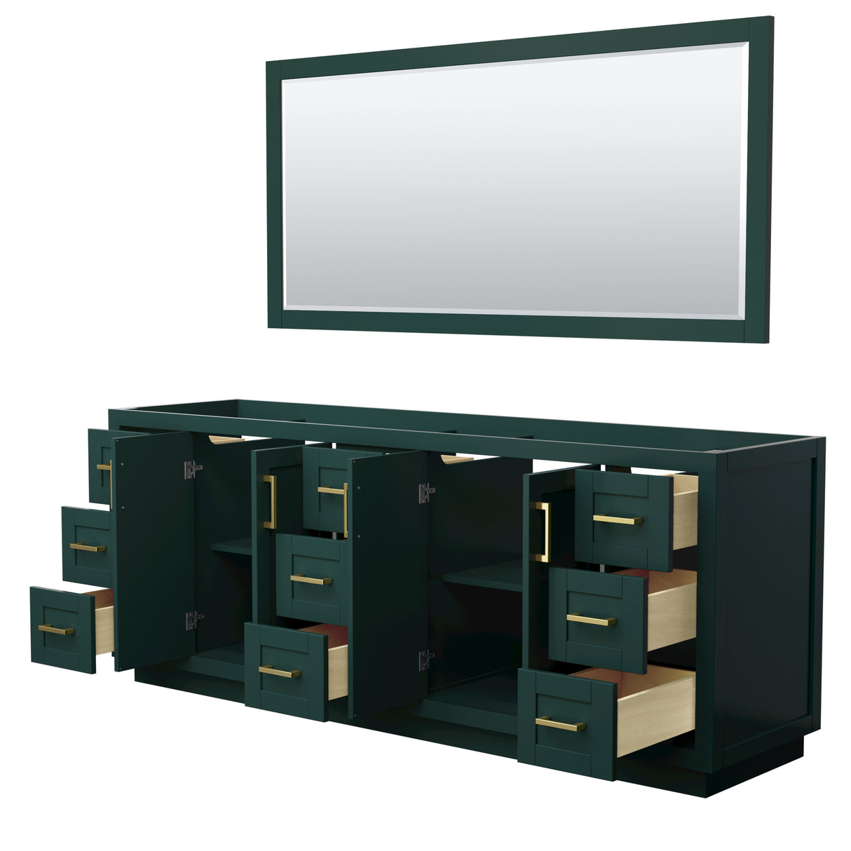 Miranda 84 Inch Double Bathroom Vanity in Green No Countertop No Sink Brushed Gold Trim 70 Inch Mirror
