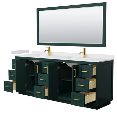 Miranda 84 Inch Double Bathroom Vanity in Green White Cultured Marble Countertop Undermount Square Sinks Brushed Gold Trim 70 Inch Mirror