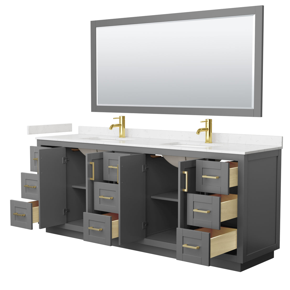 Miranda 84 Inch Double Bathroom Vanity in Dark Gray Carrara Cultured Marble Countertop Undermount Square Sinks Brushed Gold Trim 70 Inch Mirror