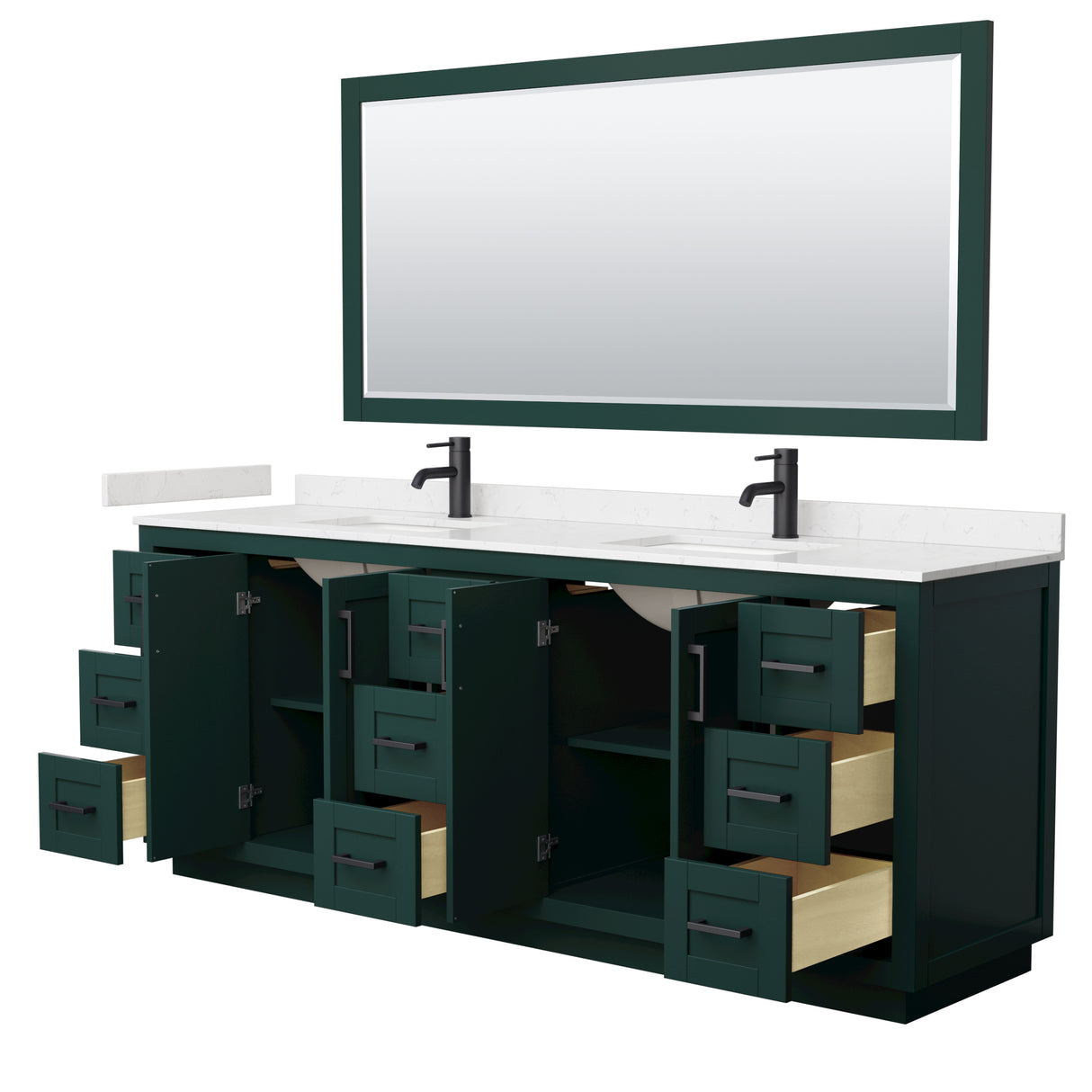 Miranda 84 Inch Double Bathroom Vanity in Green Carrara Cultured Marble Countertop Undermount Square Sinks Matte Black Trim 70 Inch Mirror